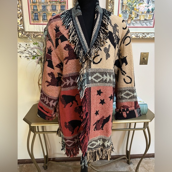 Wrapper Jackets & Blazers - WRAPPER VINTAGE NATIVE WESTERN TAPESTRY FRINGE WRAP BLANKET COAT JACKET SIZE OS
